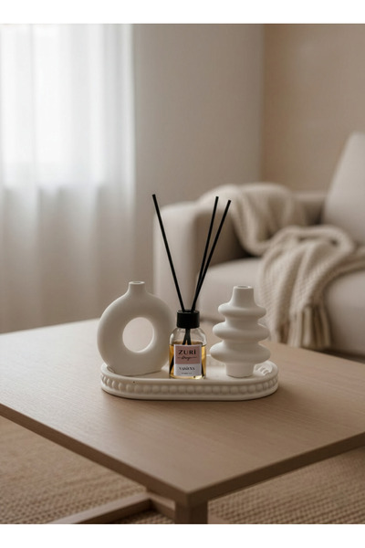 ZURİ DESİGN Bohem Beton Vazo ve Vanilya Oda Kokusu Dekoratif Tepsi Seti - 3'l...