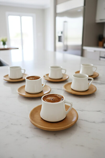 Tohana Kapris 18503 6 Lı Bambu Tabaklı Porselen Kahve Fincanı Takımı
