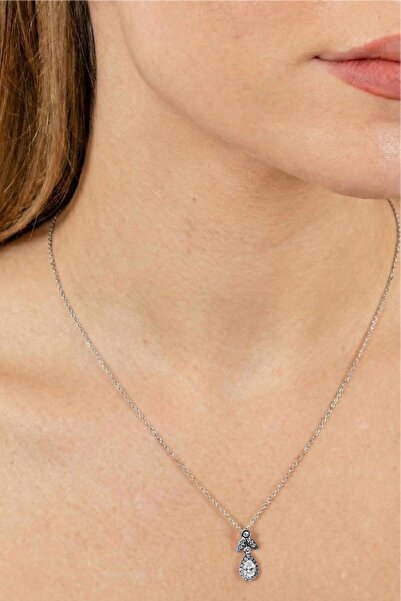 Söğütlü Silver 925 Ayar Gümüş Kolye Rodyum Kaplama Elmas Montürlü Işıltılı Da...