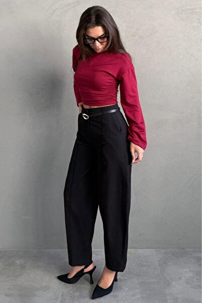Madmext Black Modern Cut Belted High Waist Wide Leg Fabric Trousers Mg2618