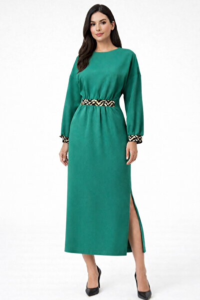 codemark Leopard Detailed Round Neck Slit Dress