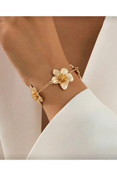 EKİDORA 3-Piece Lilyum Flower Gold Women's Bracelet Adjustable