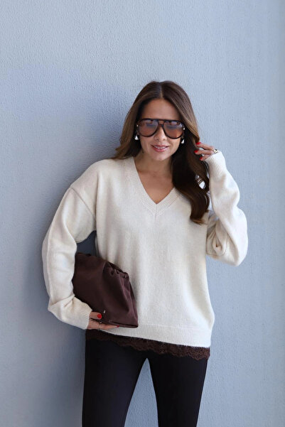 Purple by Banu Ecru V-Neck Lace Detail Sweater