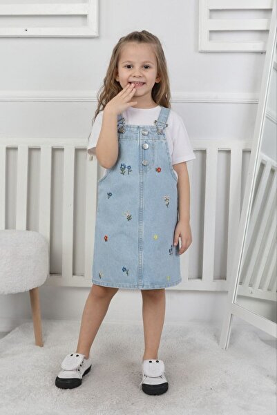 Butik Kız Çocuk Çiçek Nakışlı Kot Salopet Elbise
