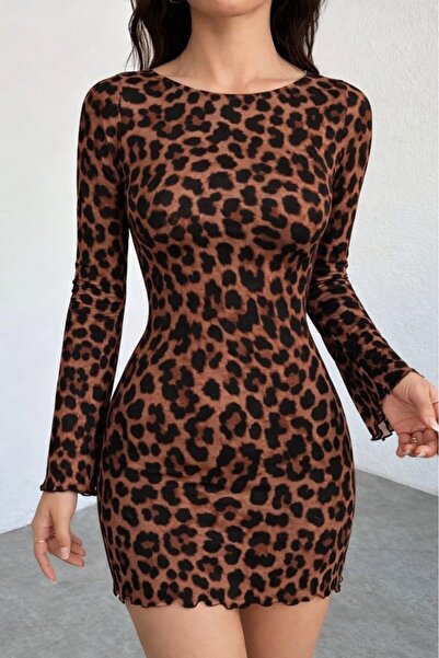 JANES Kadın Uzun Kollu Bisiklet Yaka Leopar Desenli Dalgıç Mini Elbise