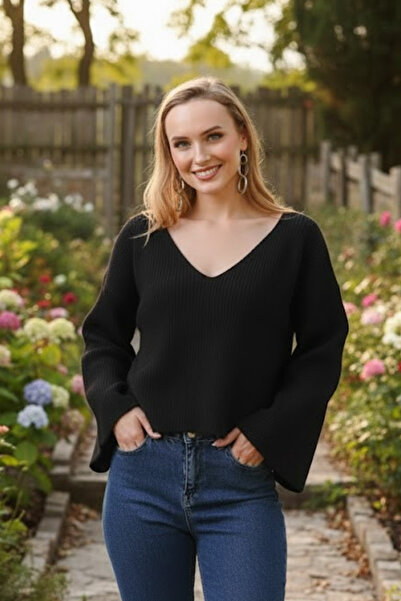 Marvine Pulover de tricotaj spaniol supradimensionat cu decolteu în V negru p...