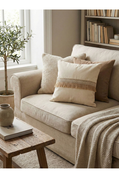 by ballı biocotton Natural Fringed Throw Pillow Cover 45X45 Hidden Zipper Org...