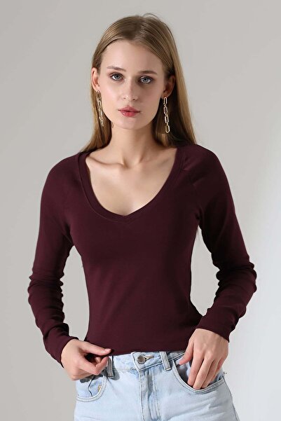 ModaPlaza Bluză cu mânecă lungă cu decolteu în V pentru femei 21948