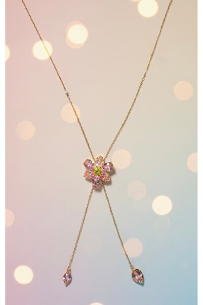 Hiis Store Gold Renkli Pembe Taşlı Çiçek Kolye Sallantılı Detaylı Lotus Kadın...