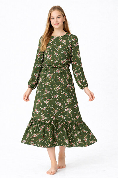 ZERMİNİ 210-01-26 Girls' Floral Print Long Sleeve Viscose Woven Dress 12/16 Y...