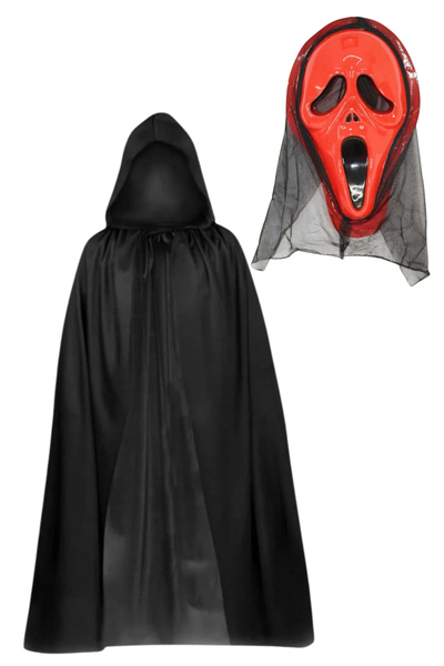 ReilaParty Kırmızı Çığlık Maskesi ve Kapüşonlu Pelerin Seti - Hayalet Yüz Scr...