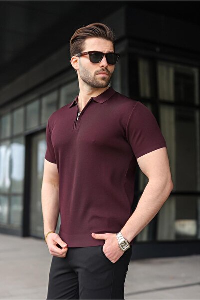 Madmext Plum Half Zip Polo Neck Knitwear Men's T-Shirt E7459