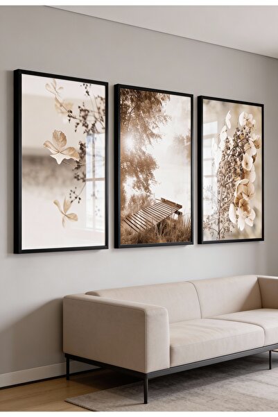 bestablo Framed 3-Piece Wooden Painting Set |   Beige Tone Nature Landscape &...