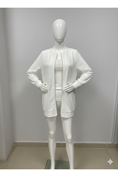 Aynaz Kadın Ekru Ajurlu Örme Fermuarlı Uzun Hırka – Şık Günlük Triko Ceket