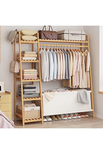 KEKE Multi-Functional Wooden Clothes Rack, 110cm Hanging Rail with Shelves, Freestanding Organizer