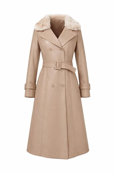 ESİN GİYİM Kürk Yakalı Kemerli Bej Suni Deri Kaban