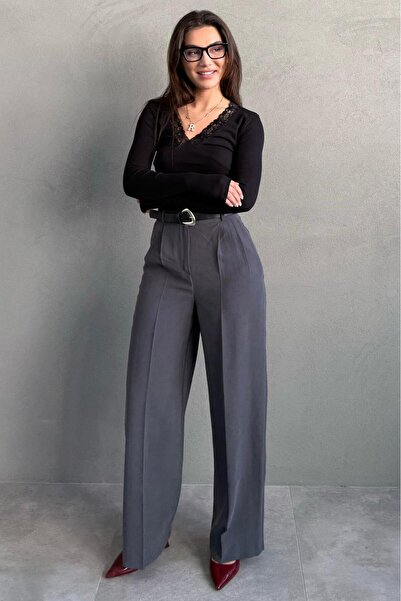 Madmext Anthracite High Waist Pleated Belted Wide Leg Women's Trousers Mg2615