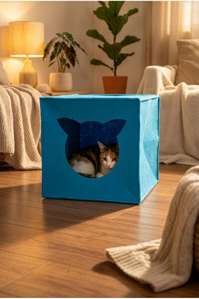 YUNUSOĞLU HOME Mavi Keçe Kedi Yuvası Dekoratif Mama Kabı Altlığı Hediyeli Org...