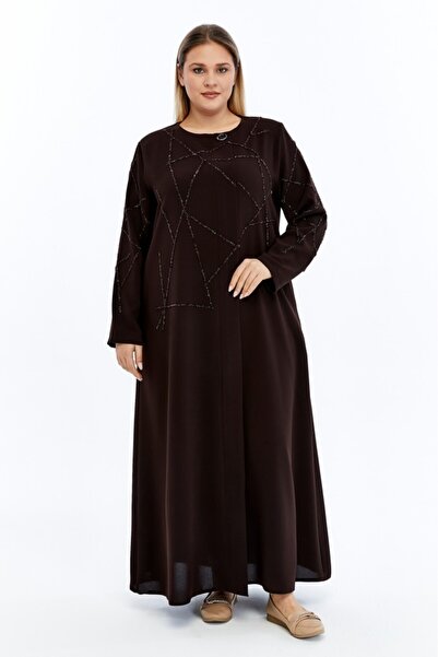 Jamila Taşlı Broş Detaylı Büyük Beden Petek Kumaş Ferace/ABAYA