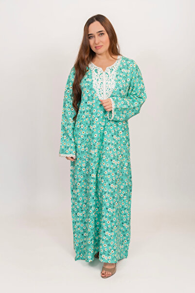 LINELLE جلابيات زرقاء للنساء - طبعة زهور بيضاء مع تفاصيل دانتيل متباينة