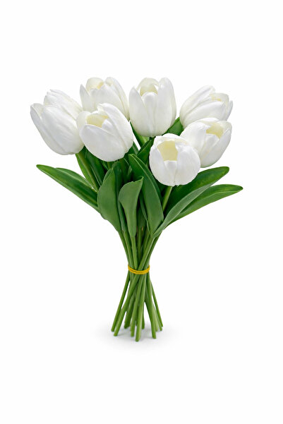OEM Set of 10 pure white artificial tulips soft touch individual thread 33cm