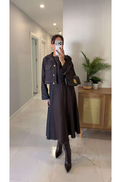 BİRCANÇİL Hoops Bitter Brown Flared Dress Jacket Set