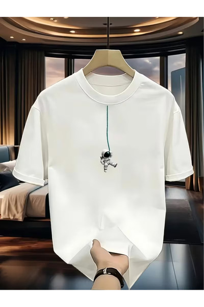 İSMTEXS Unisex Sports Style Astronaut Print Detailed Short Sleeve T-Shirt