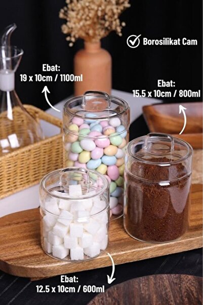 Atbyhome Cecilia 3'Lü Cam Borosilikat Cam Kapaklı Kulplu Cam Saklama Kabı Kav...