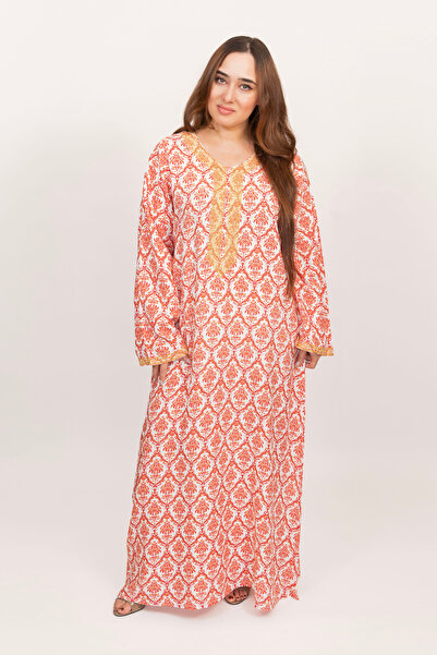 LINELLE جلابية نسائية - طبعة برتقالية، تطريز خطي على الرقبة والأكمام