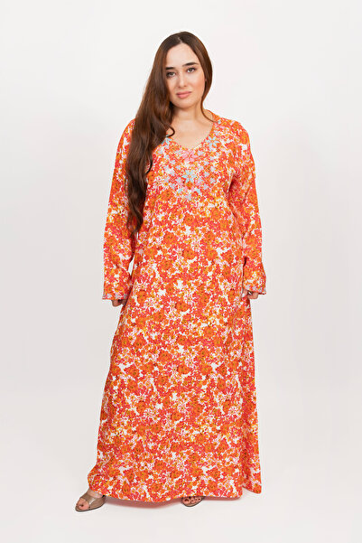 LINELLE جلابيات برتقالية للنساء - بنقشة زهور وتطريز متعدد الألوان