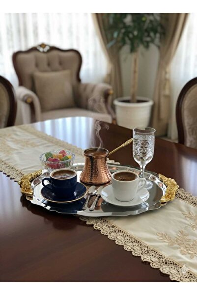 defnem home Oval Gümüş Tepsi, Gold Kulp, Sunum Tepsisi 1 Adet