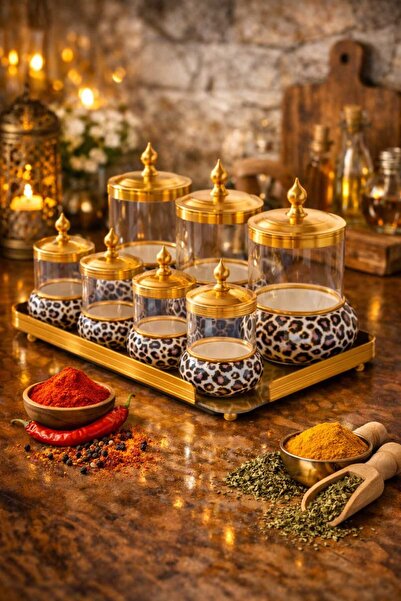 ZERAFET ORTİGİA 7'Lİ CAM TEPSİLİ BAHARAT TAKIMI