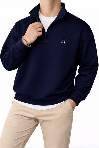 Deep sense Men's Navy Blue Half Zipper Winter Sweatshirt Mock Neck 3 Yarn Fle...
