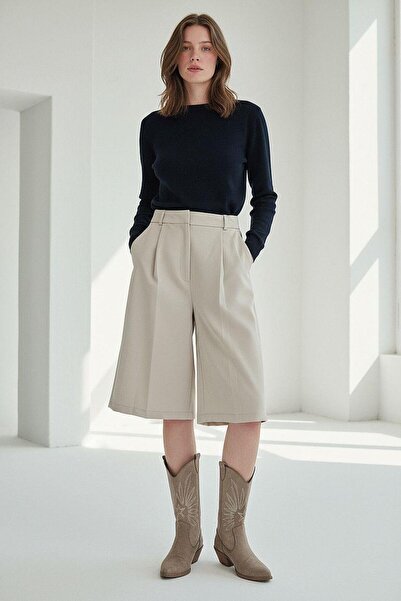 Madmext Stone Color Pleated Pocket Women's Bermuda Mg2620