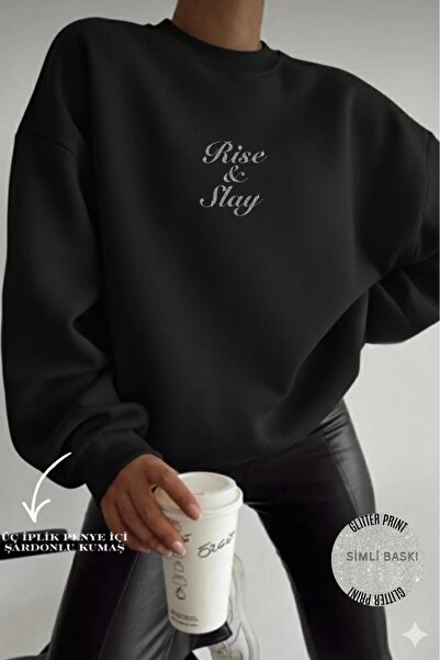 NO 601 Women's Black Oversized Loose Crew Neck Rise Sim Printed Sweatshirt