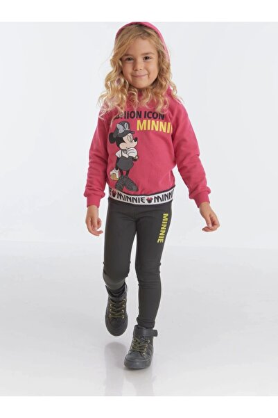 Disney Minnie Mouse Lisaslı Kız Çocuk Fuşya Kapüşonlu Sweatshirt Tayt Alt Üst...