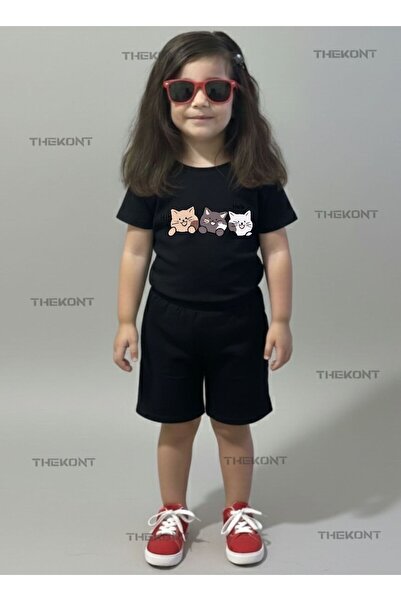 THEKONT Hi̇hello Cats Printed Shorts-T-Shirt Bottom Top Summer Children's Set