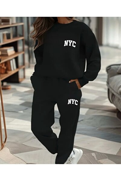 FUFLUNS Nyc Printed Unisex Oversize Crop Top Bottom Tracksuit Set