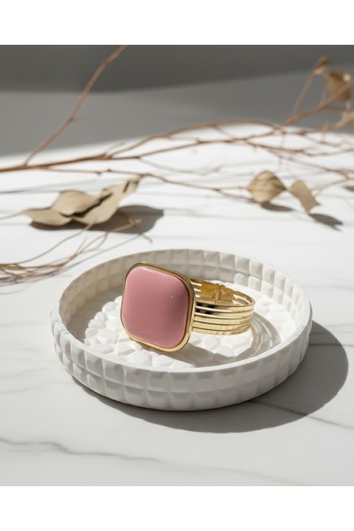 Bidüğüm Gold Color Pink Stone Detailed Steel Handcuff Bracelet