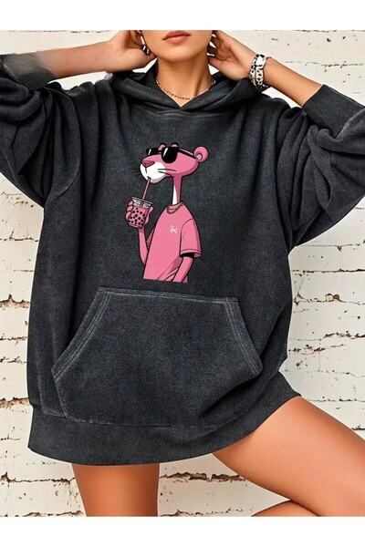 Le Savu Washable Pink Panther Series Printed Unisex Hooded Oversized Sweatshirt