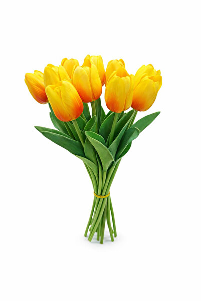 OEM Set of 10 artificial tulips, intense yellow with orange accents, soft tou...