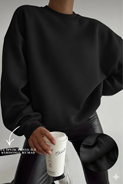 NO 601 Women's Black Patternless Oversized Loose Crew Neck Sweatshirt