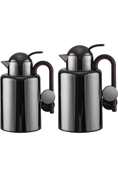 AZOZ MERCHLY طقم ترمس، 1/1.5 لتر، مصنوع من الزجاج من الداخل، بمقبض خشبي - أسود