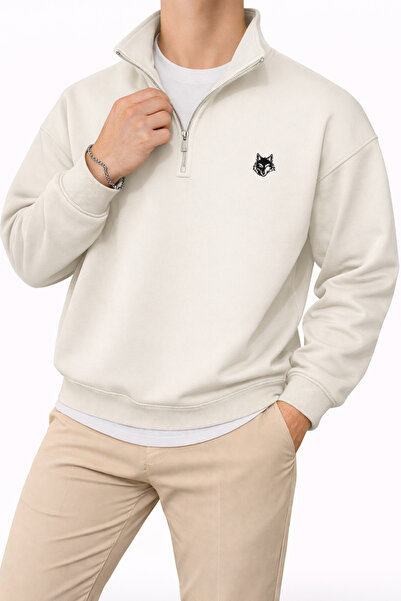 Deep sense Men's Ecru Half-Zip Winter Sweatshirt Mock Neck 3 Yarn Fleece-Lined