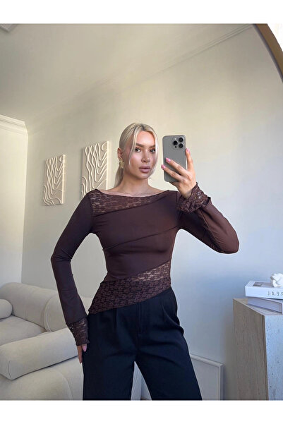 Zora Butik Dantel Şeritli Asimetrik Bluz - KAHVE