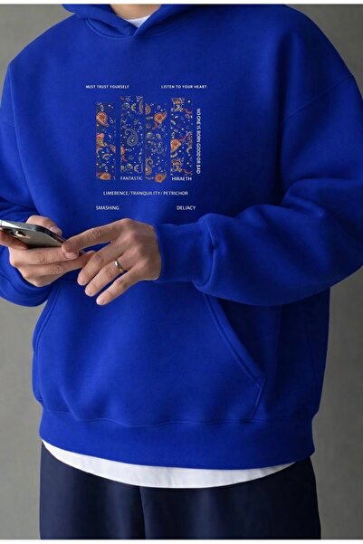 FUFLUNS Ethnic Pattern Printed Oversize Unisex Men's Ka Hooded Weatshi̇rt