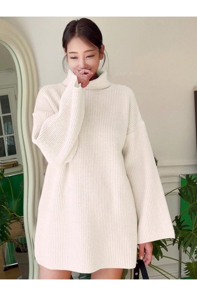 Dier Moda Women's Yellow Turtleneck Off Shoulder Wide Cut Knitwear Sweater Fm...