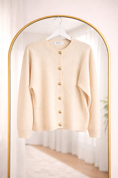 Bahar Altundemir Women's Cream Soft Fabric Cardigan Sweater