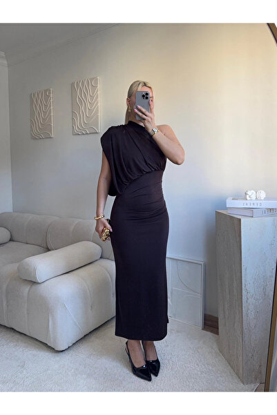 Zora Butik Tek Omuz Drapeli Vücuda Oturan Midi Elbise - KAHVE