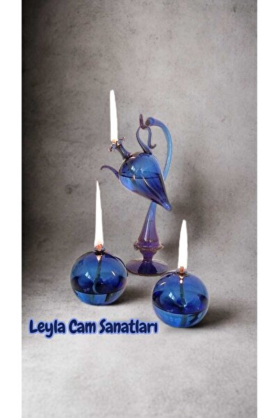 CAM ÜFLEME KANDİL 3 LÜ MAVİ SET + (300 ml kandil yağı)